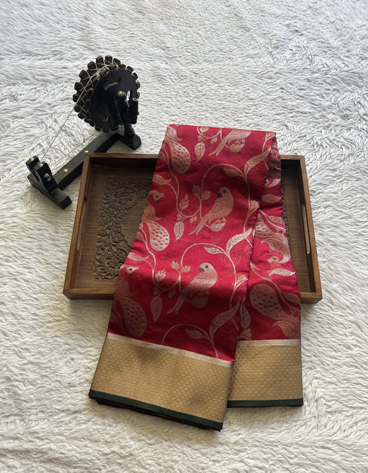 Chanderi Silk Allover Saree Garnet color Elegantly Paired with a Zari border - Sampradaya Designer Studio