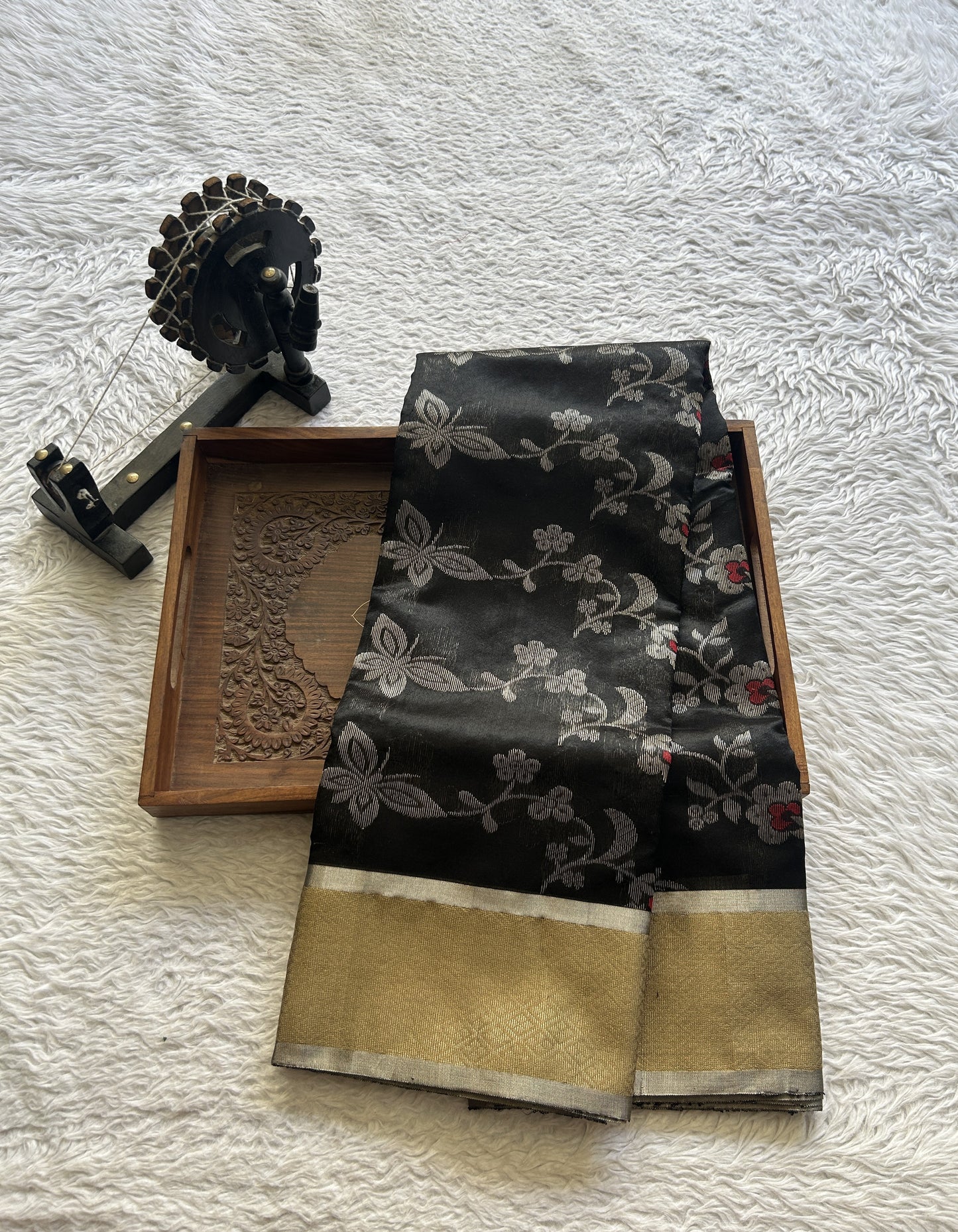 Chanderi Silk Allover Saree Black Color Elegantly Paired with a Zari border - Sampradaya Designer Studio