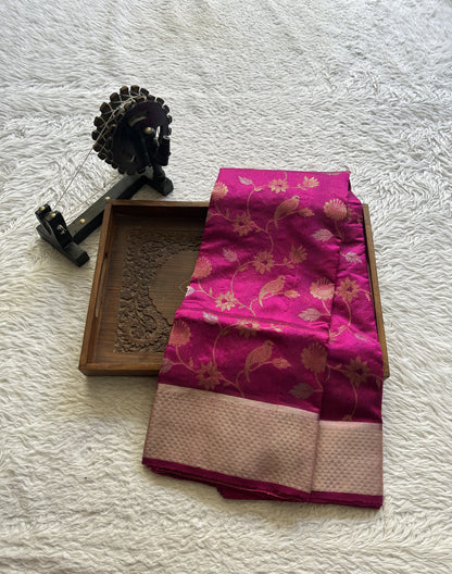 Chanderi Silk Allover Saree Hot Pink Color Elegantly Paired with a Zari border - Sampradaya Designer Studio