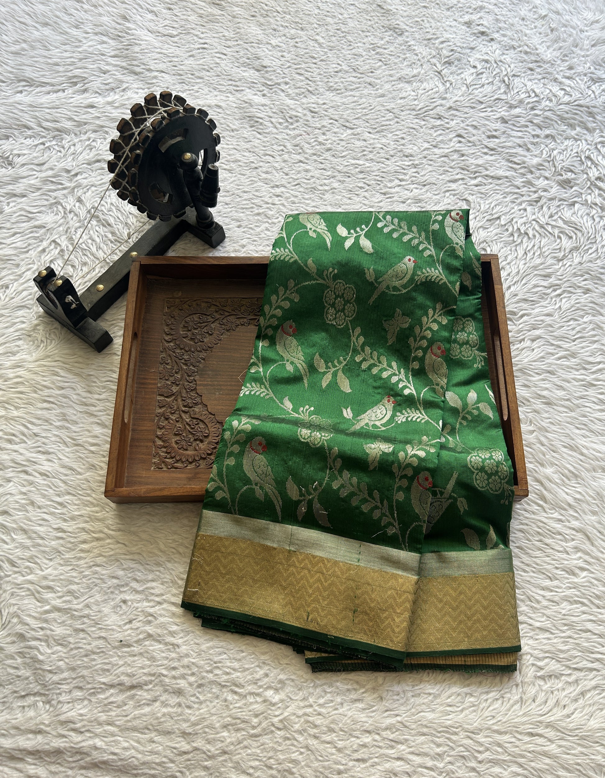 Chanderi Silk Allover Saree Green Color Elegantly Paired with a Zari border - Sampradaya Designer Studio