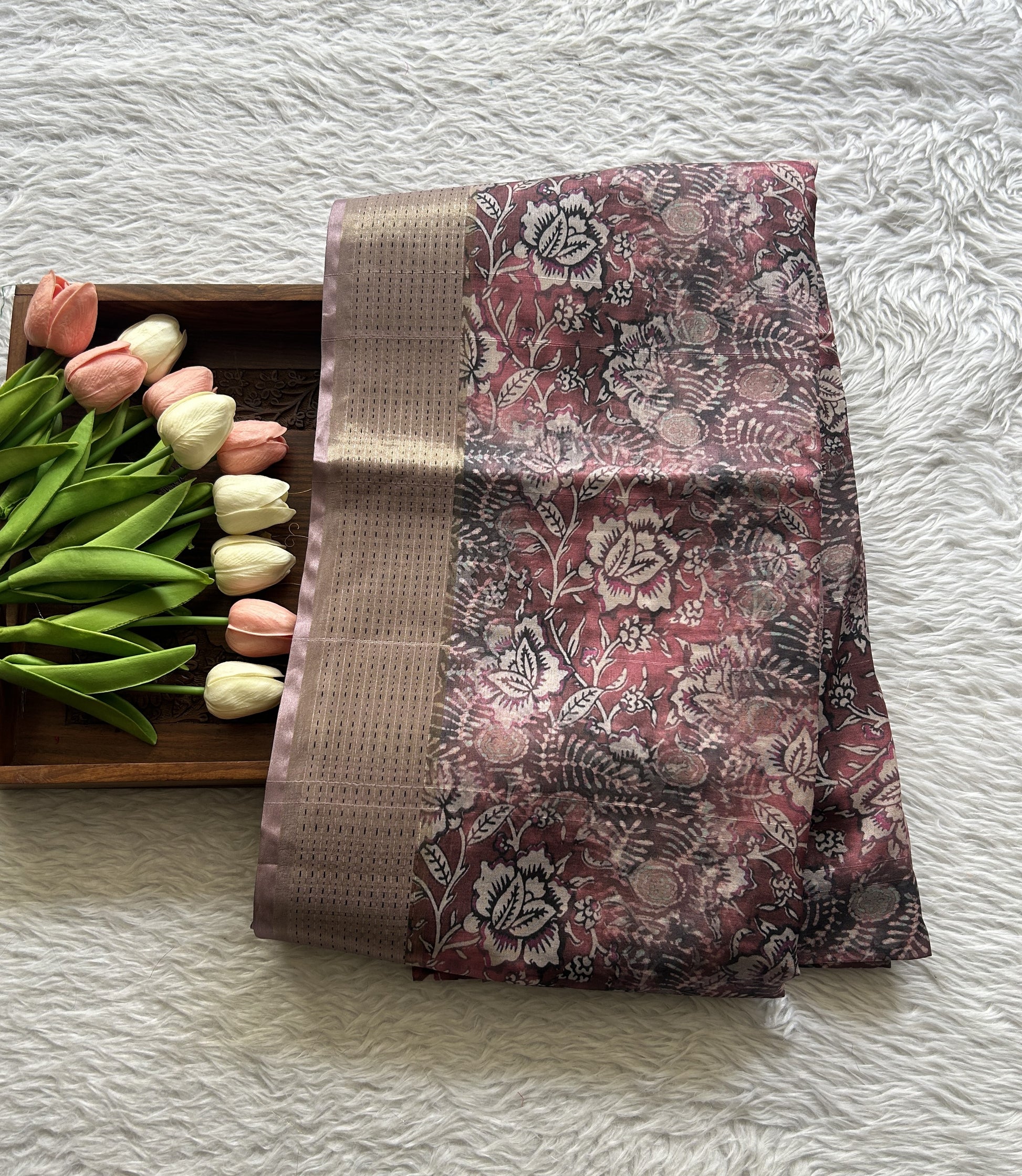 Semi Tussar Saree Dark Maroon Colored complemented with a Running Stich Border. - Sampradaya Designer Studio