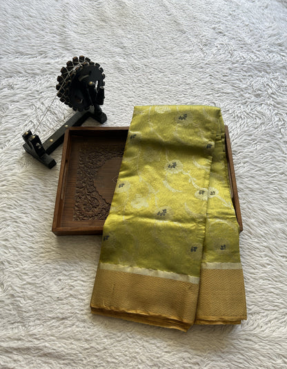 Chanderi Silk Allover Saree Lime Green Color Elegantly Paired with a Zari border - Sampradaya Designer Studio