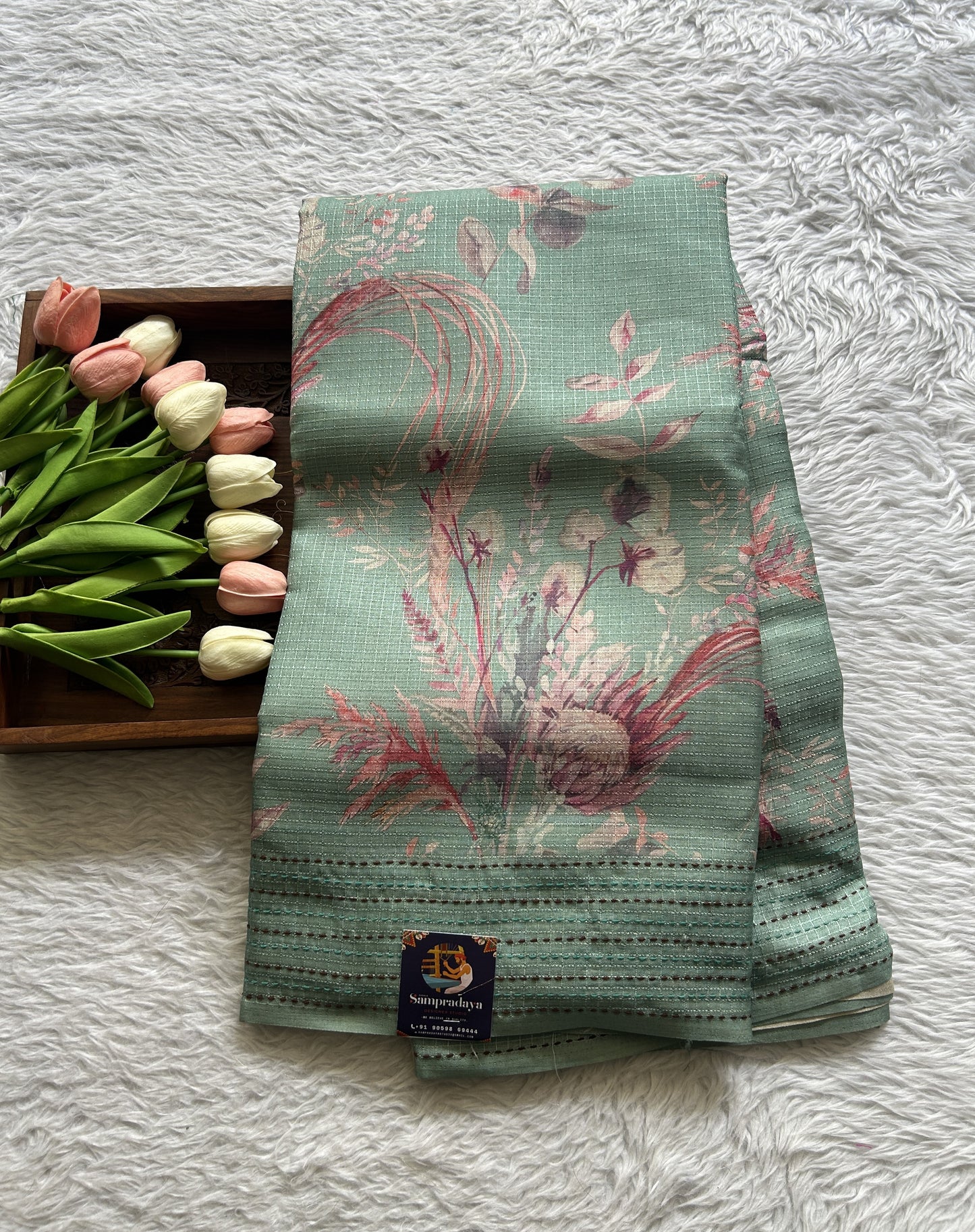 Semi Tussar Saree Sea Green Colored complemented with a Running Stich Border. - Sampradaya Designer Studio