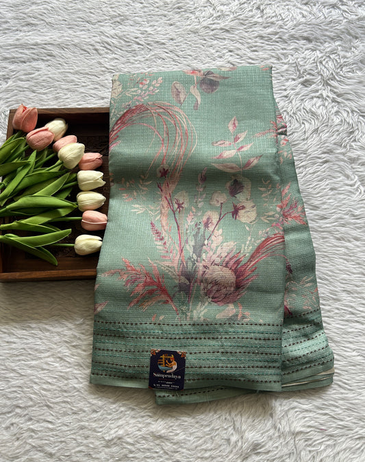 Semi Tussar Saree Sea Green Colored complemented with a Running Stich Border. - Sampradaya Designer Studio