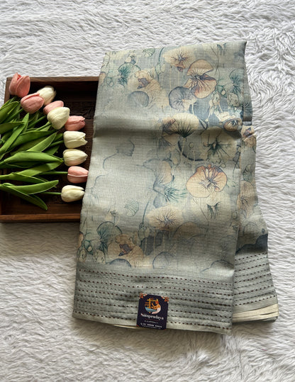 Semi Tussar Saree Light Gray Colored complemented with a Running Stich Border. - Sampradaya Designer Studio