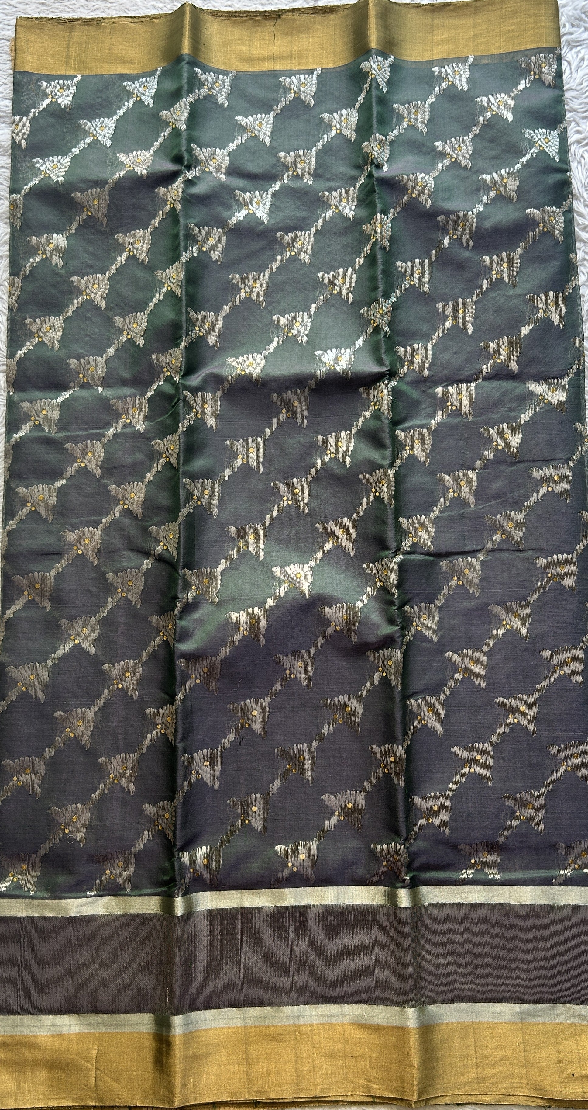 Chanderi Silk Allover Saree Dark Green color Elegantly Paired with a Double Zari border - Sampradaya Designer Studio