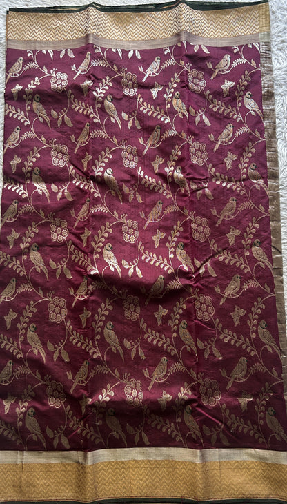 Chanderi Silk Allover Saree Mulberry color Elegantly Paired with a Zari border - Sampradaya Designer Studio
