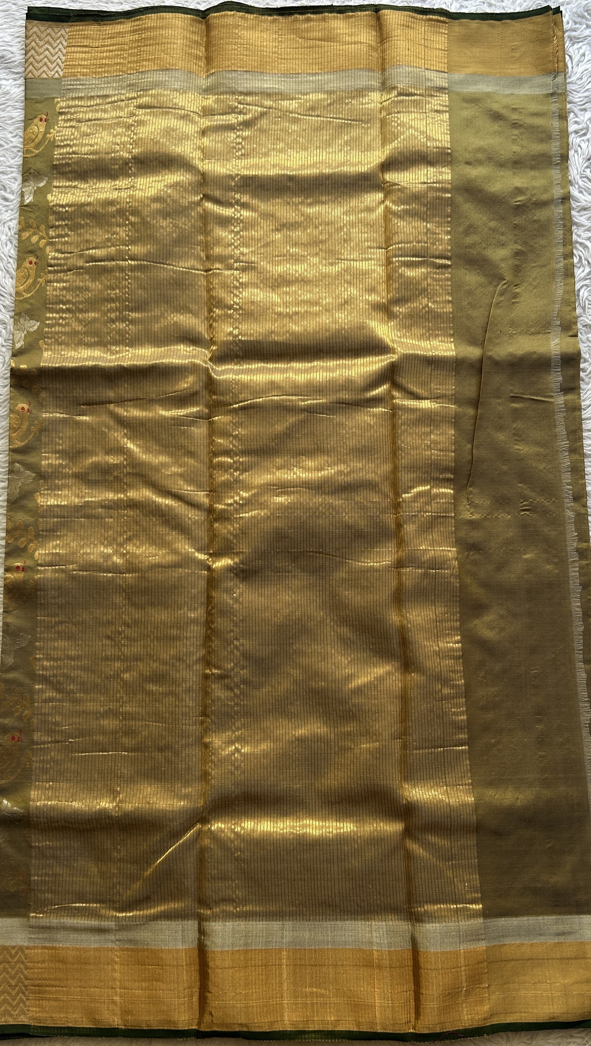 Chanderi Silk Allover Saree Olive Green color Elegantly Paired with a Zari border - Sampradaya Designer Studio