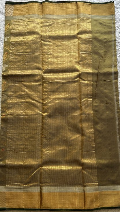Chanderi Silk Allover Saree Olive Green color Elegantly Paired with a Zari border - Sampradaya Designer Studio