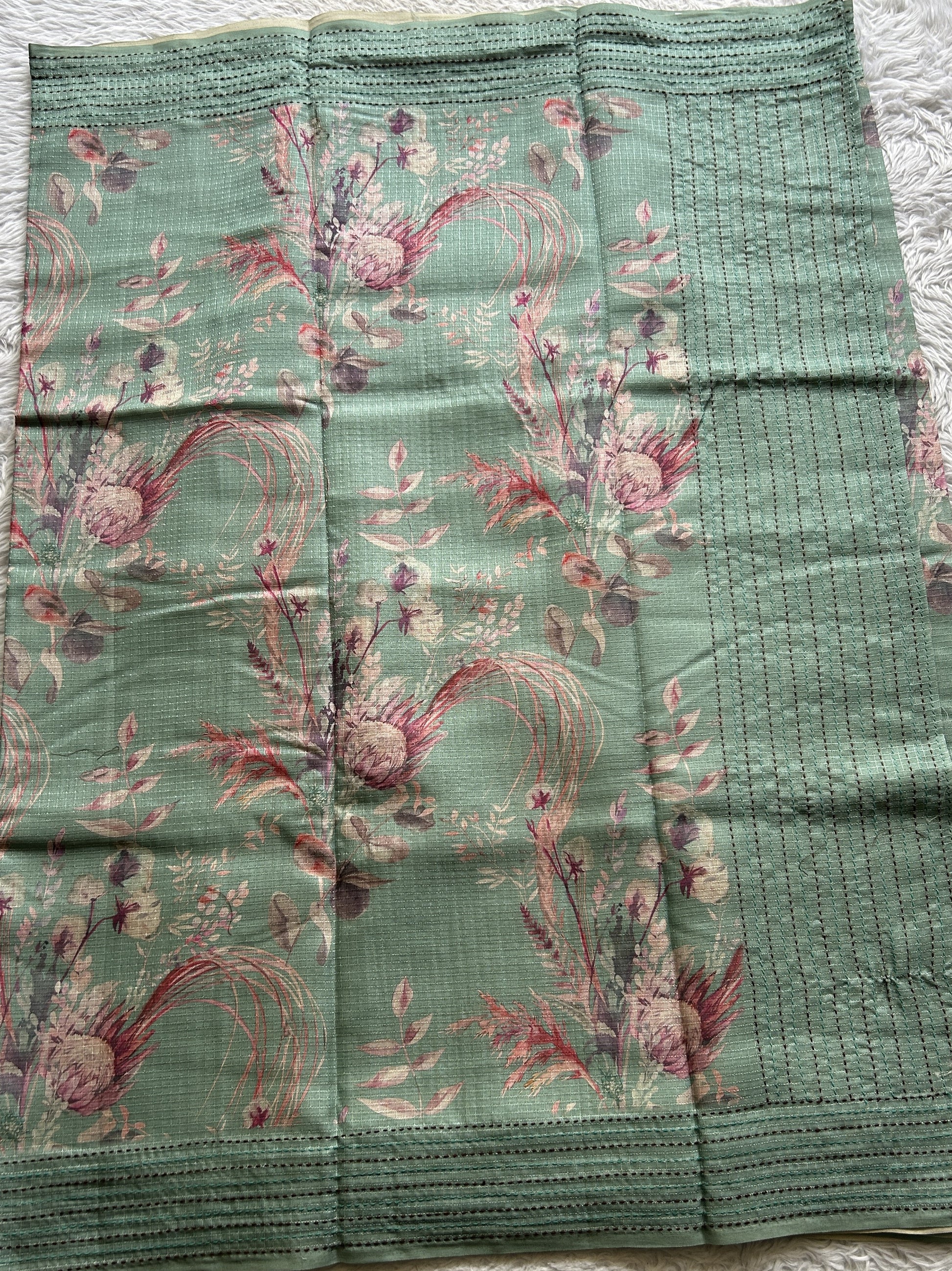 Semi Tussar Saree Sea Green Colored complemented with a Running Stich Border. - Sampradaya Designer Studio
