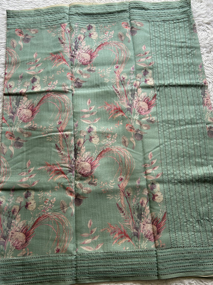 Semi Tussar Saree Sea Green Colored complemented with a Running Stich Border. - Sampradaya Designer Studio