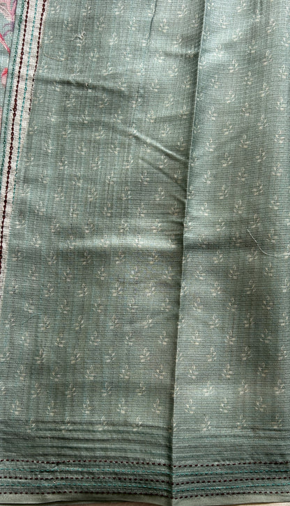 Semi Tussar Saree Sea Green Colored complemented with a Running Stich Border. - Sampradaya Designer Studio