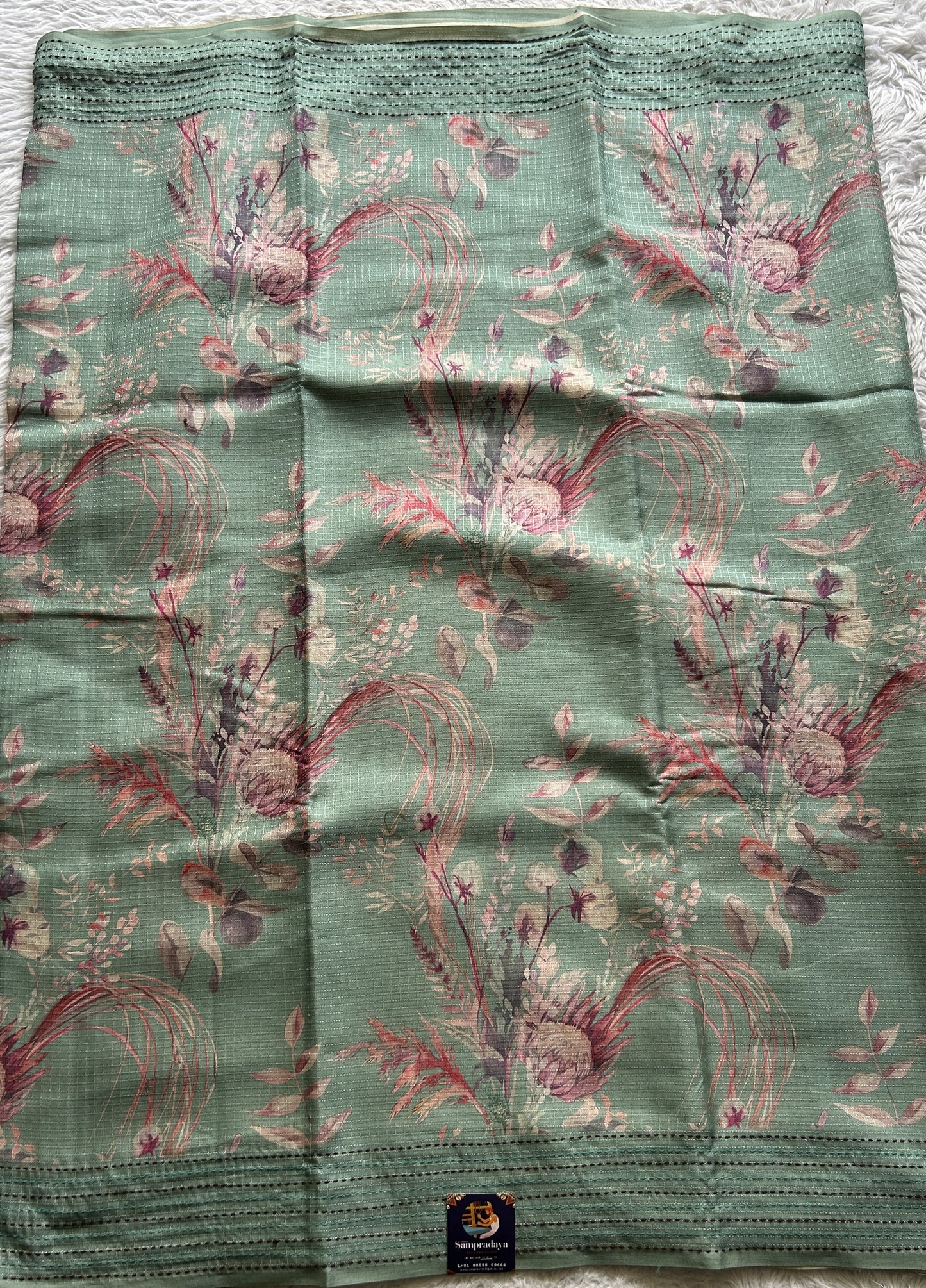 Semi Tussar Saree Sea Green Colored complemented with a Running Stich Border. - Sampradaya Designer Studio