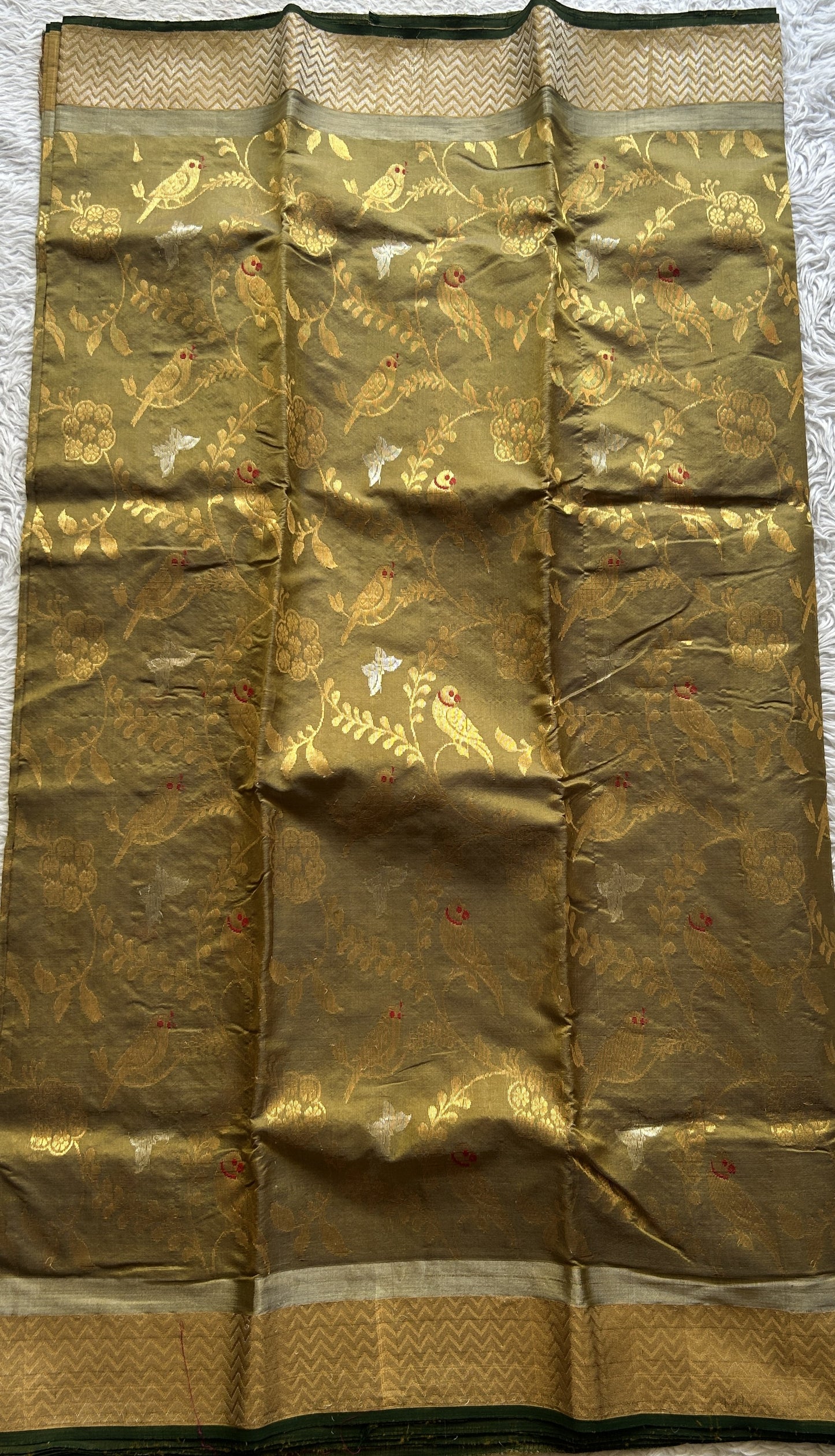 Chanderi Silk Allover Saree Olive Green color Elegantly Paired with a Zari border - Sampradaya Designer Studio