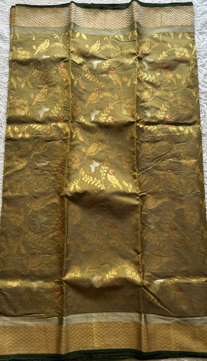 Chanderi Silk Allover Saree Olive Green color Elegantly Paired with a Zari border - Sampradaya Designer Studio
