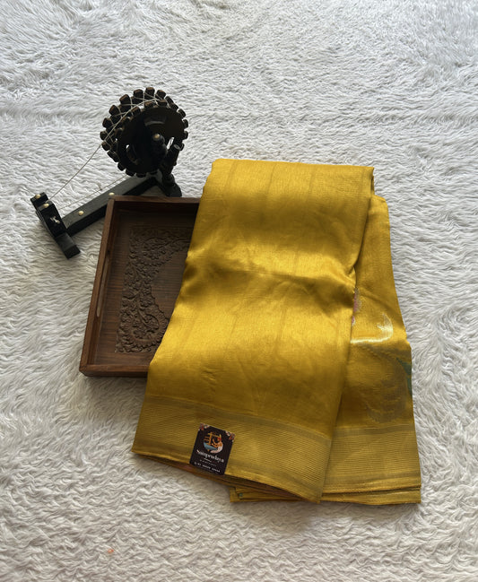 Banarasi Tussar Georgette Saree Yellow Colored Complemented Zari Border. - Sampradaya Designer Studio