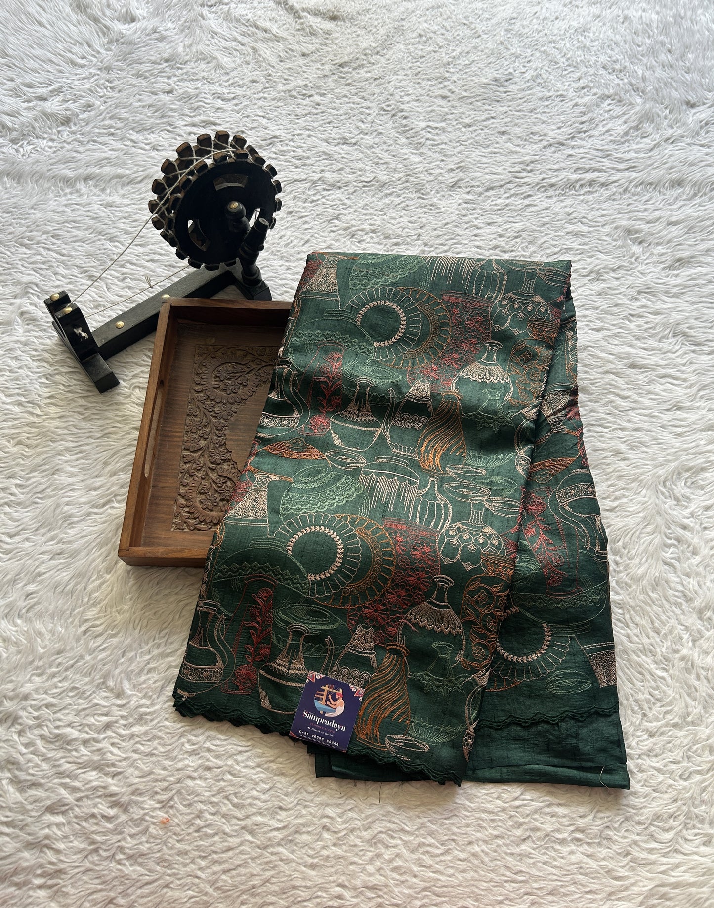 Pure Tussar Silk Saree Bottle Green Color Complemented with a Scallop Border. - Sampradaya Designer Studio