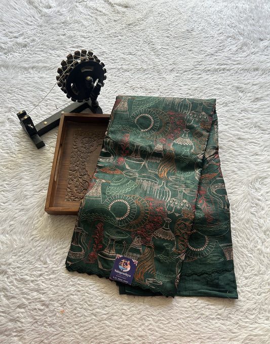 Pure Tussar Silk Saree Bottle Green Color Complemented with a Scallop Border. - Sampradaya Designer Studio