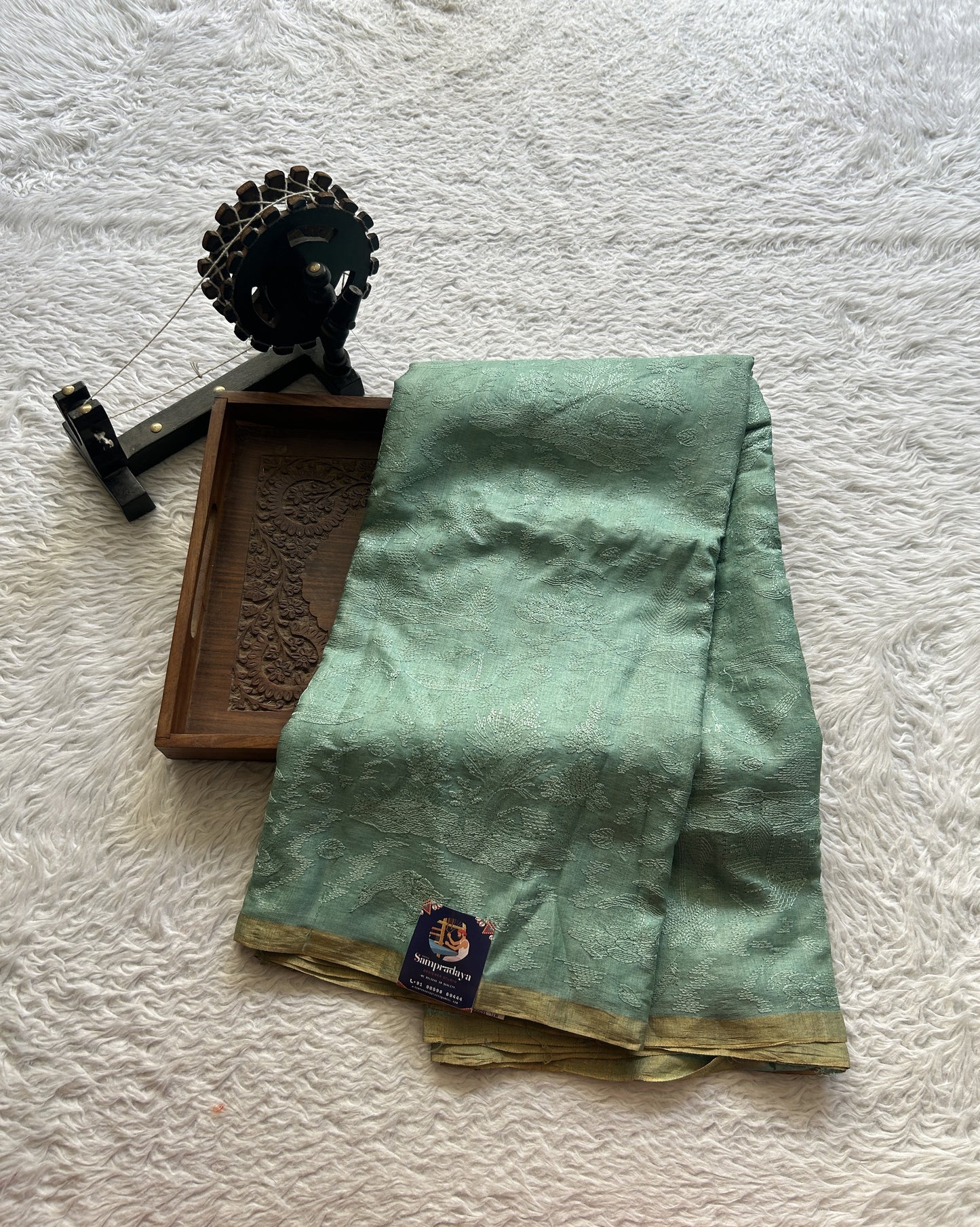 Pure Tussar Silk Saree Ocean Blue Color Complemented with a Zari Border. - Sampradaya Designer Studio