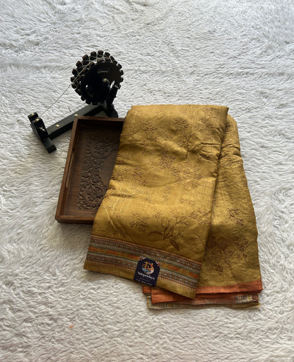 Pure Tussar Silk Saree Mustard Color Complemented with a Printed Border. - Sampradaya Designer Studio