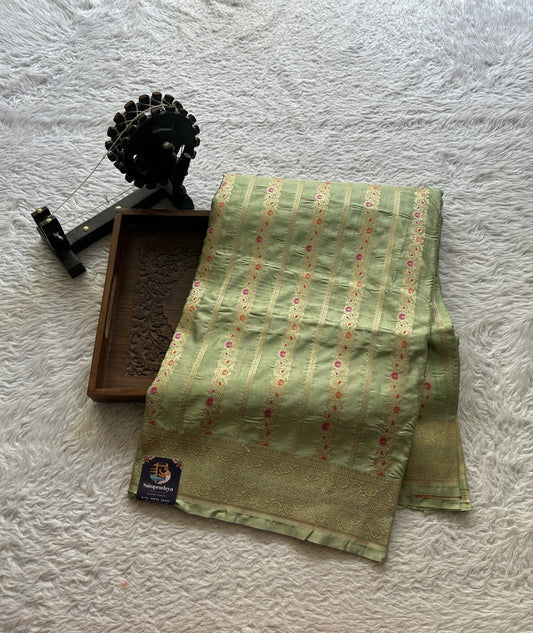 Chiniya Silk Saree Light Green Colored Elegantly Paired with a Zari Border. - Sampradaya Designer Studio