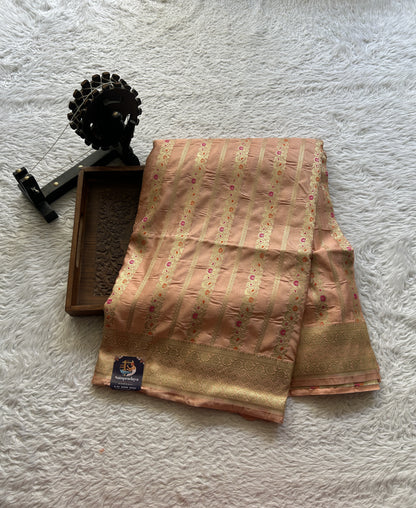 Chiniya Silk Saree Light Peach Colored Elegantly Paired with a Zari Border. - Sampradaya Designer Studio