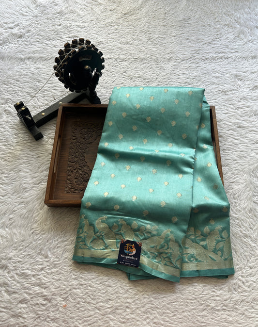 Chiniya Silk Saree Light Blue Colored Elegantly Paired with a Zari Border. - Sampradaya Designer Studio