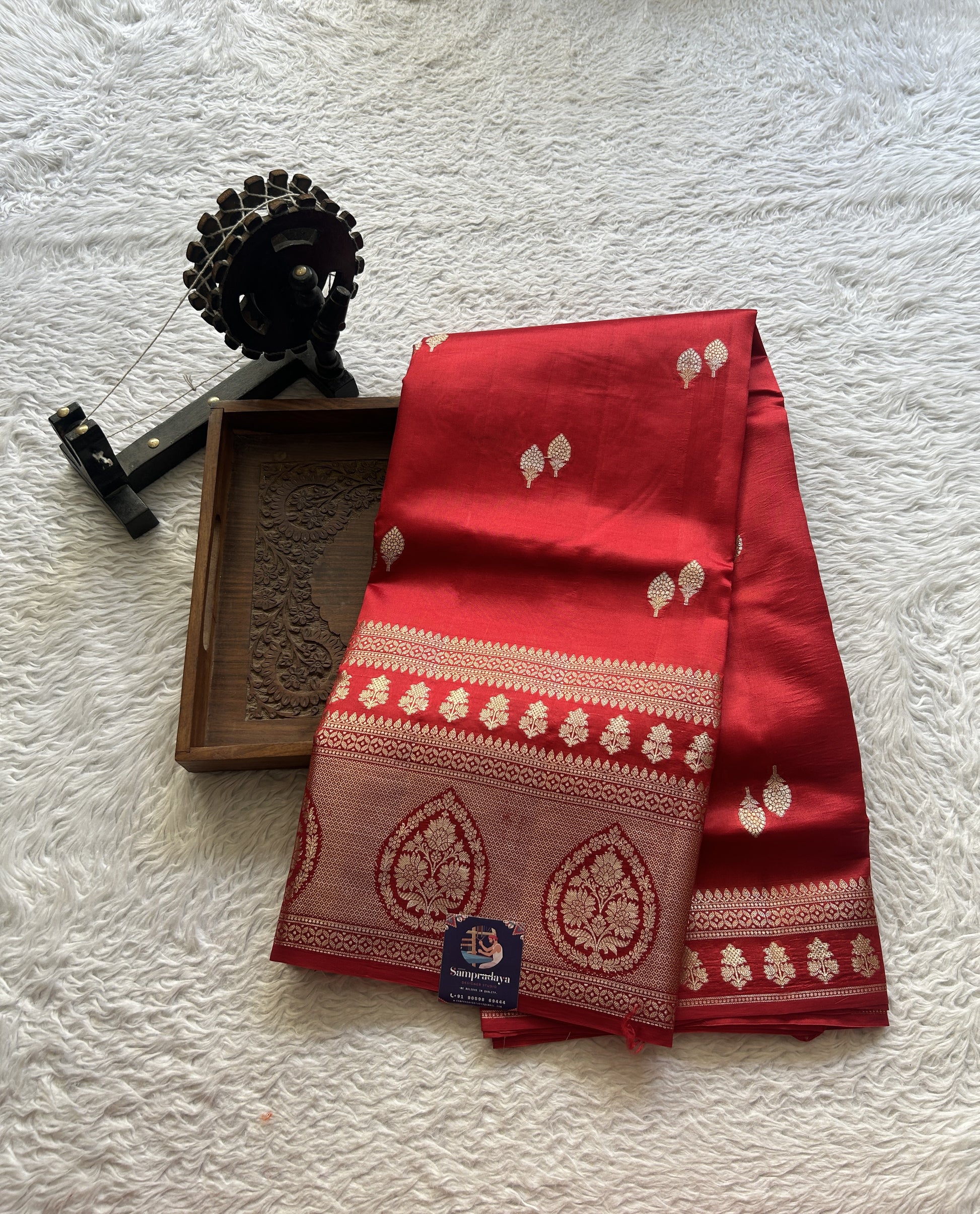 Chiniya Silk Saree Red Colored Elegantly Paired with a Zari Border. - Sampradaya Designer Studio