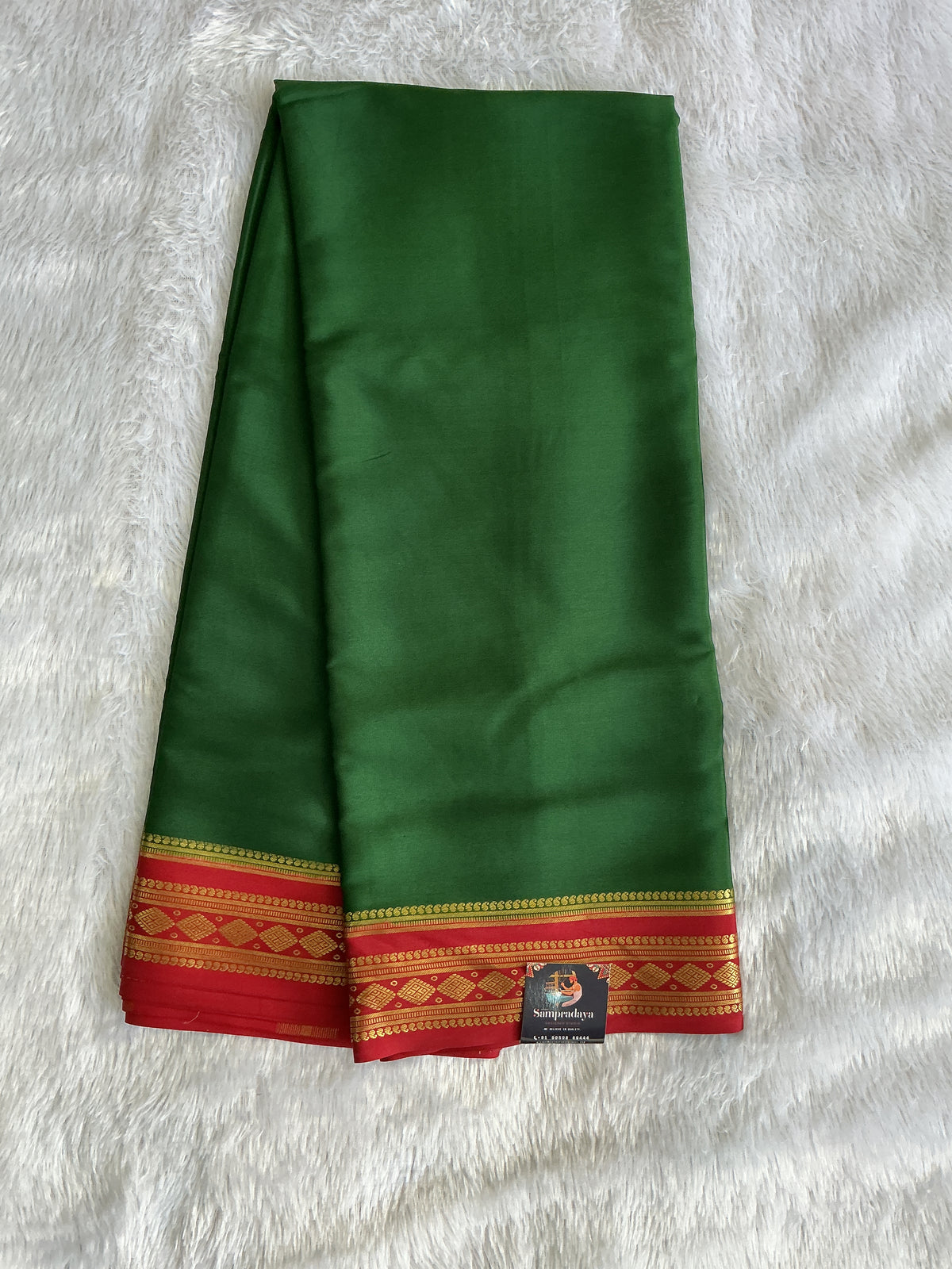 Bottle Green Mysore Crepe Silk Saree with Silver Zari Border | Pure Handloom | Silk Mark Certified