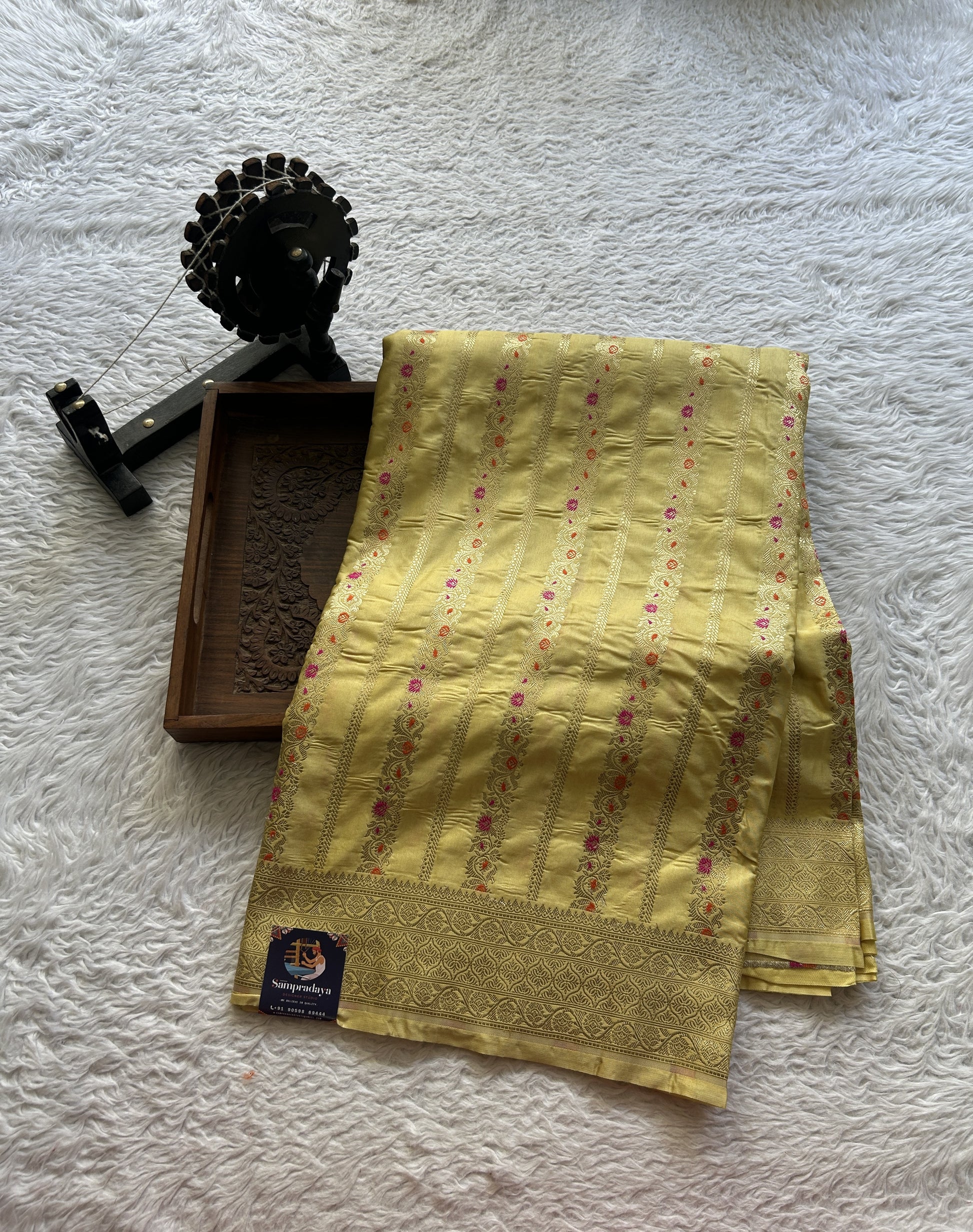 Chiniya Silk Saree Very Light yellow Colored Elegantly Paired with a Zari Border. - Sampradaya Designer Studio