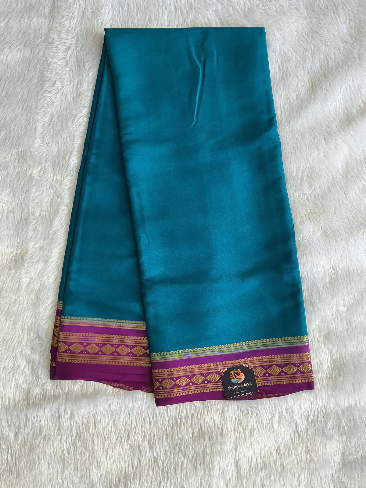 Teal Blue Mysore Crepe Silk Saree with Silver Zari Border | Pure Handloom | Silk Mark Certified