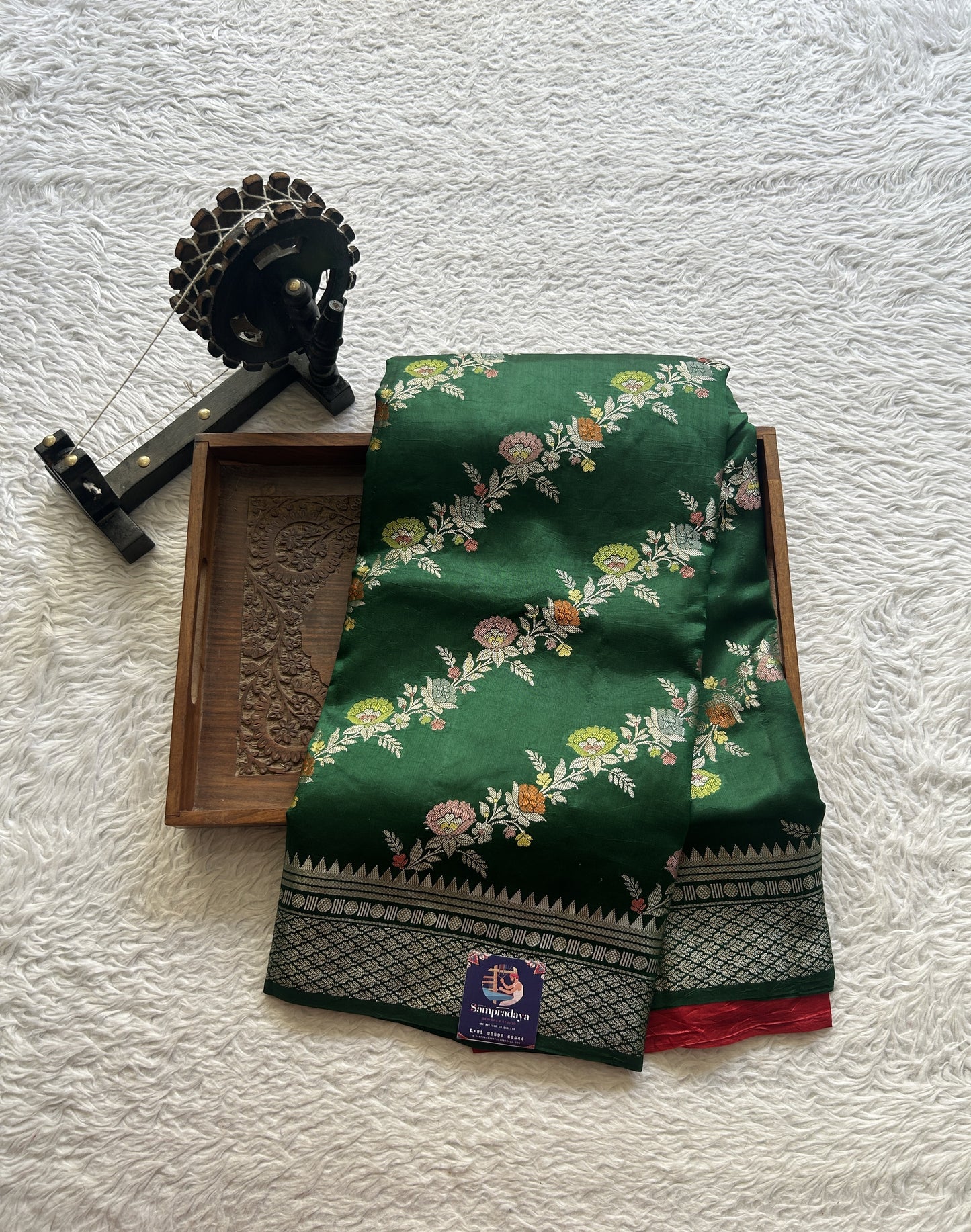 Chiniya Silk Saree Dark Green Colored Elegantly Paired with a Zari Border. - Sampradaya Designer Studio
