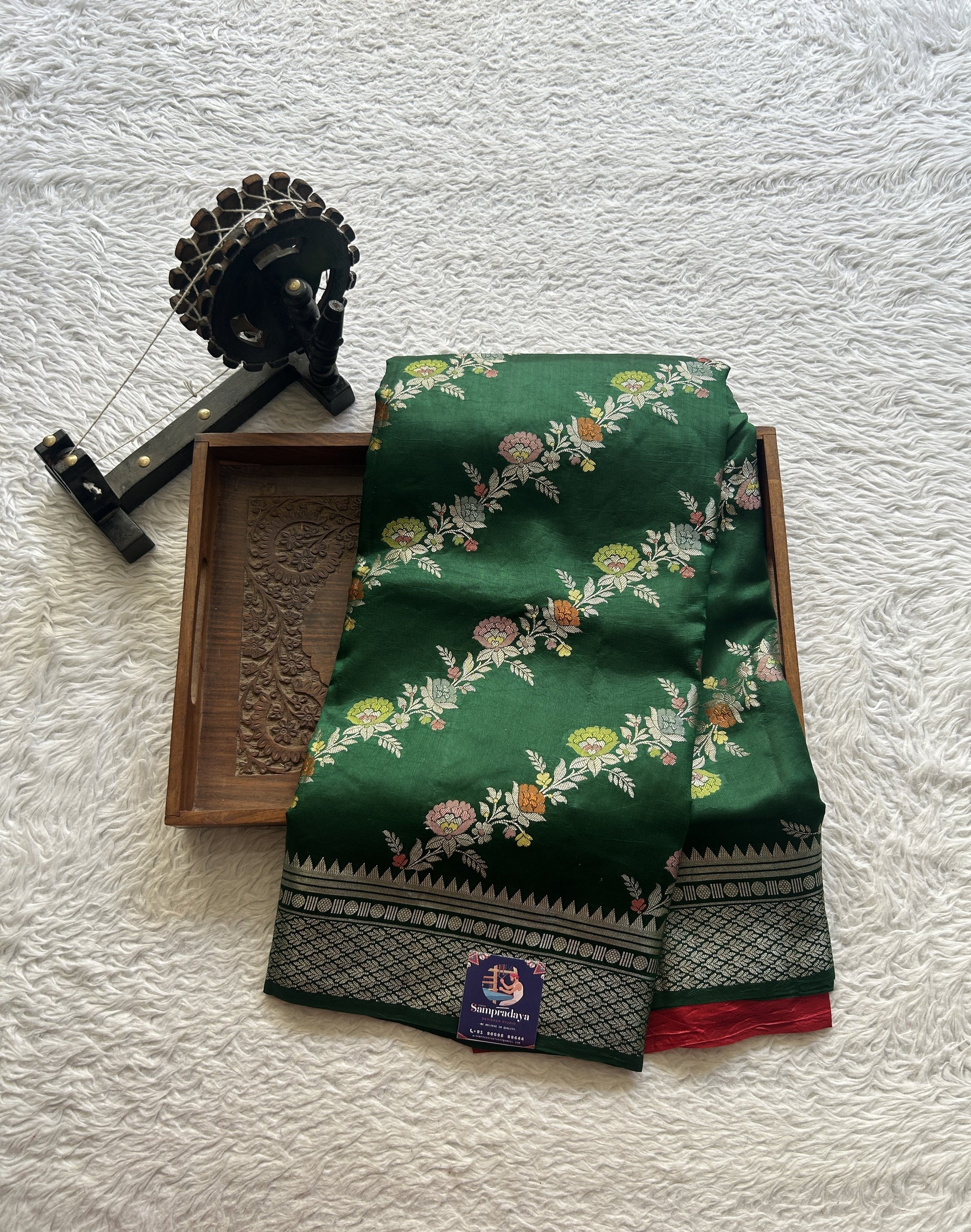 Chiniya Silk Saree Dark Green Colored Elegantly Paired with a Zari Border. - Sampradaya Designer Studio