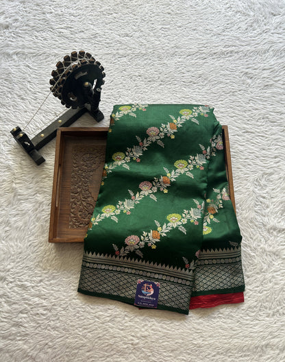 Chiniya Silk Saree Dark Green Colored Elegantly Paired with a Zari Border. - Sampradaya Designer Studio