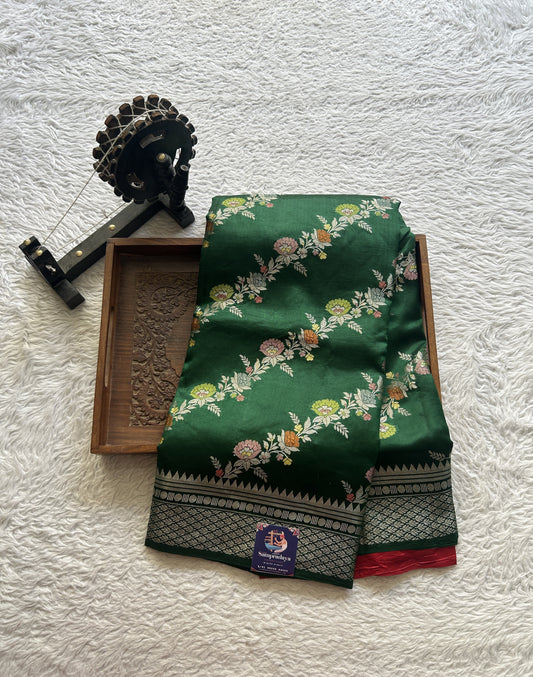 Chiniya Silk Saree Dark Green Colored Elegantly Paired with a Zari Border. - Sampradaya Designer Studio