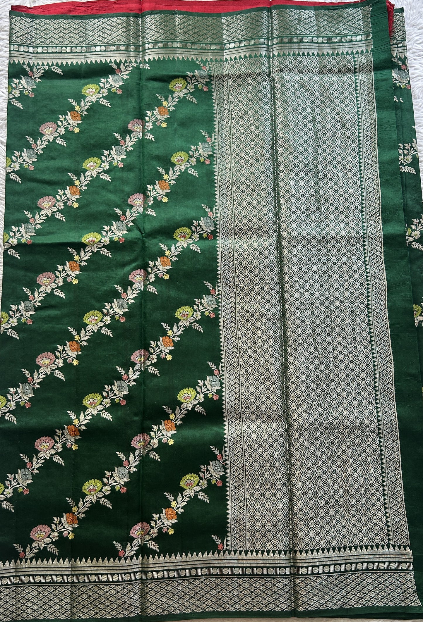 Chiniya Silk Saree Dark Green Colored Elegantly Paired with a Zari Border. - Sampradaya Designer Studio