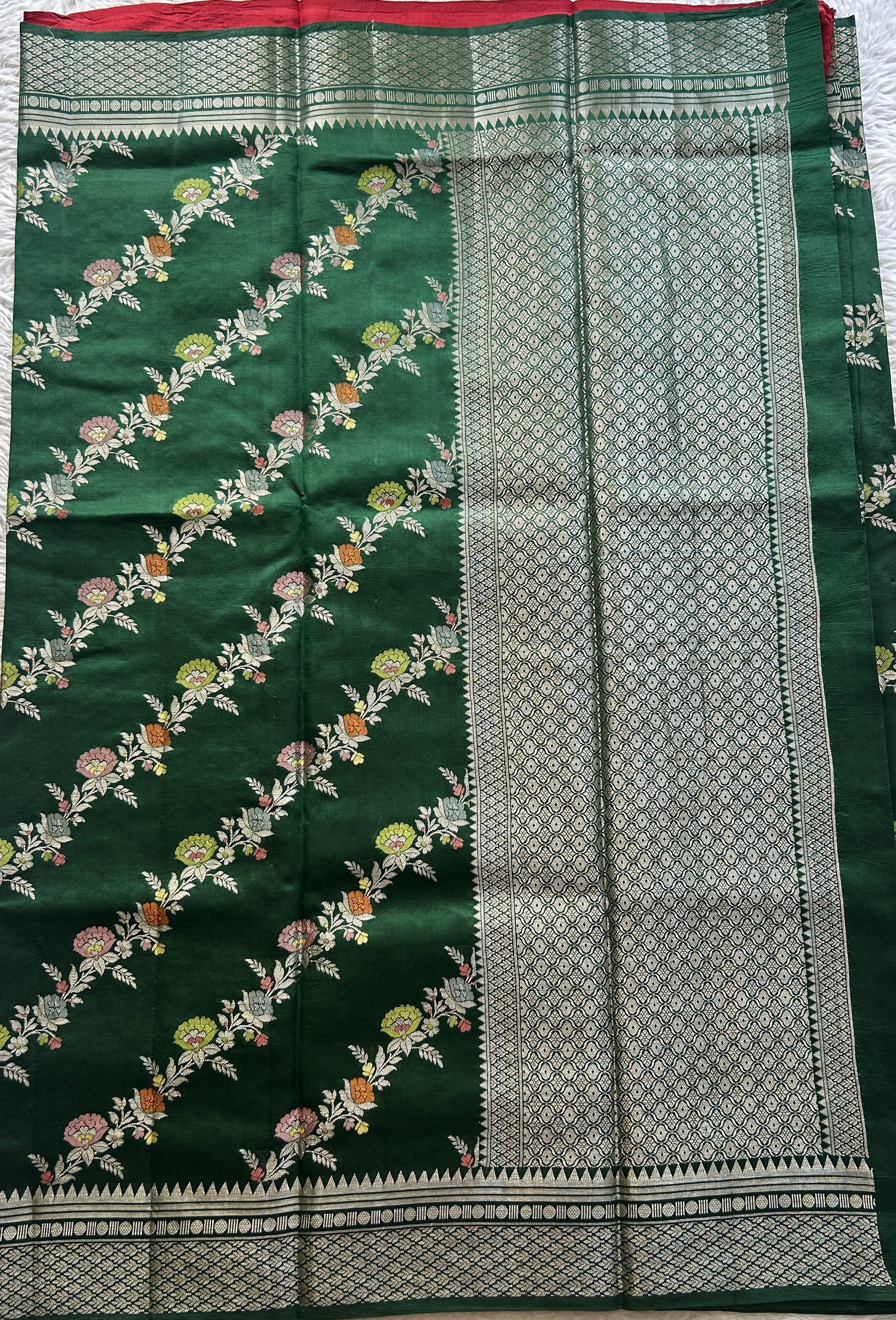 Chiniya Silk Saree Dark Green Colored Elegantly Paired with a Zari Border. - Sampradaya Designer Studio