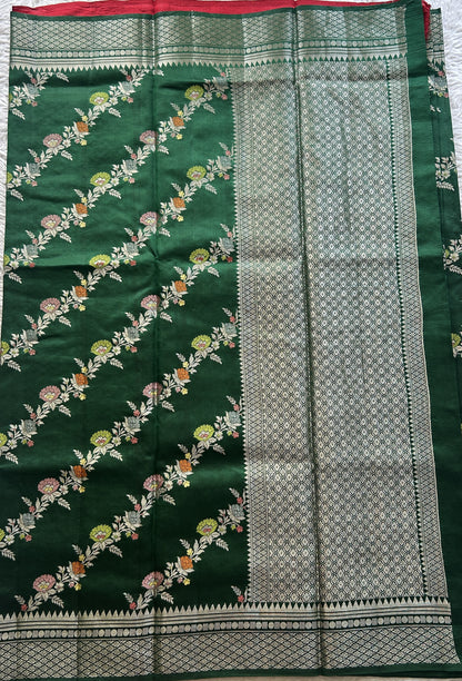 Chiniya Silk Saree Dark Green Colored Elegantly Paired with a Zari Border. - Sampradaya Designer Studio