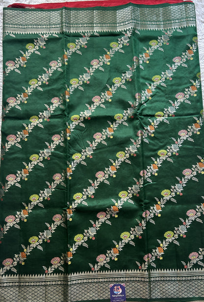 Chiniya Silk Saree Dark Green Colored Elegantly Paired with a Zari Border. - Sampradaya Designer Studio