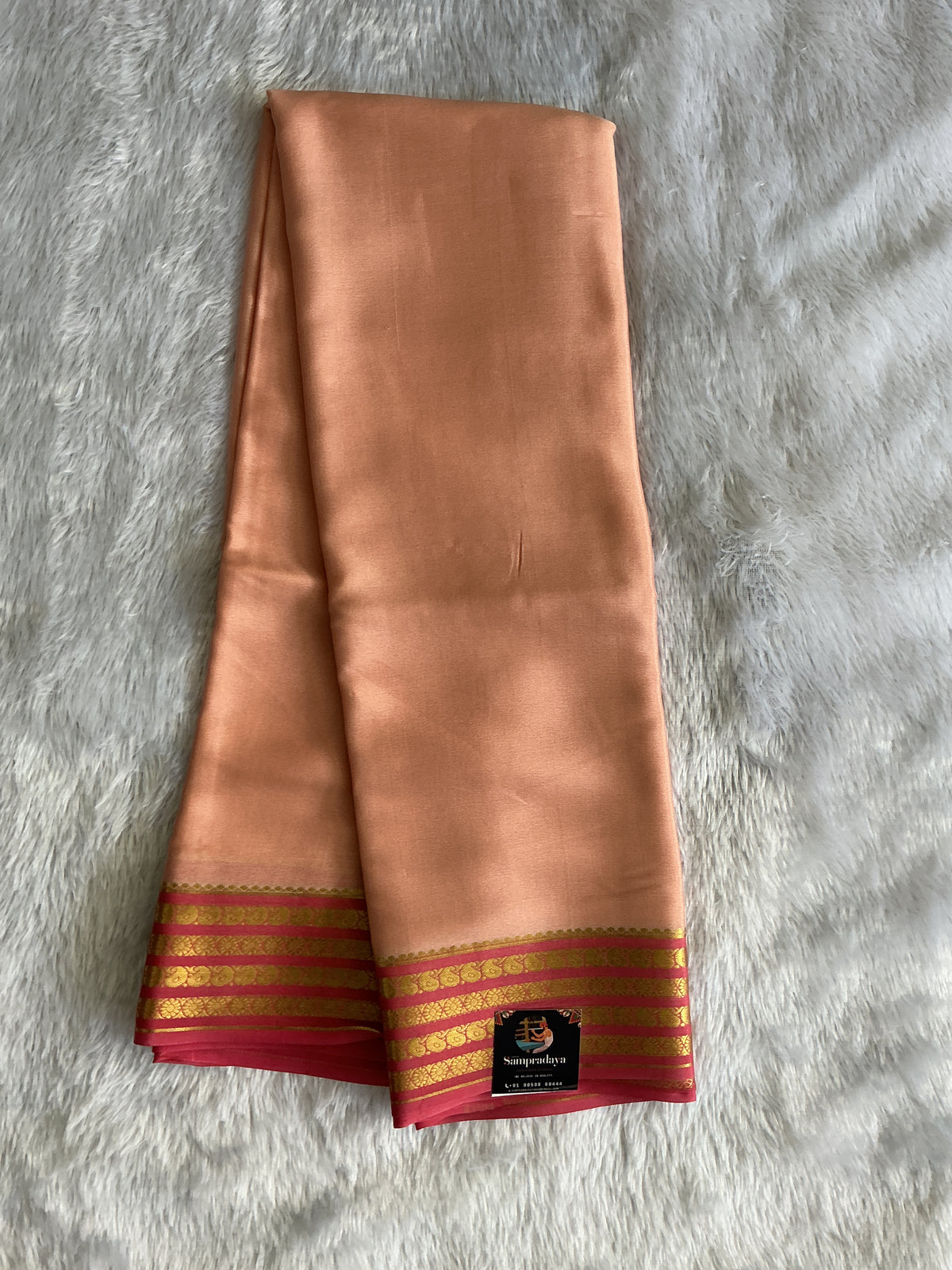 Peach Mysore Crepe Silk Saree with Silver Zari Border | Pure Handloom | Silk Mark Certified