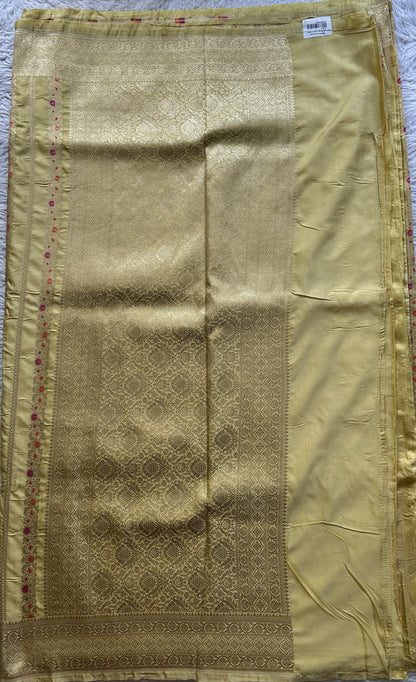 Chiniya Silk Saree Very Light yellow Colored Elegantly Paired with a Zari Border. - Sampradaya Designer Studio