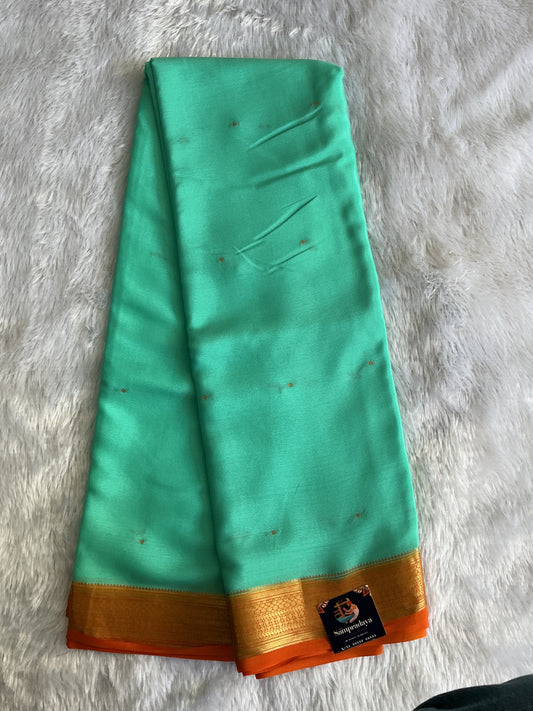 Seafoam Mysore Crepe Silk Saree with Silver Zari Border | Pure Handloom | Silk Mark Certified
