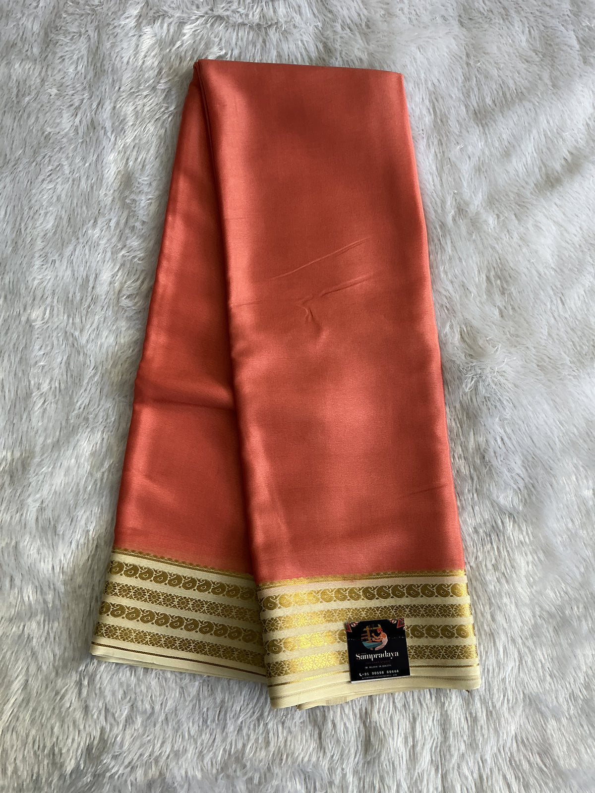 Peach Mysore Crepe Silk Saree with Silver Zari Border | Pure Handloom | Silk Mark Certified