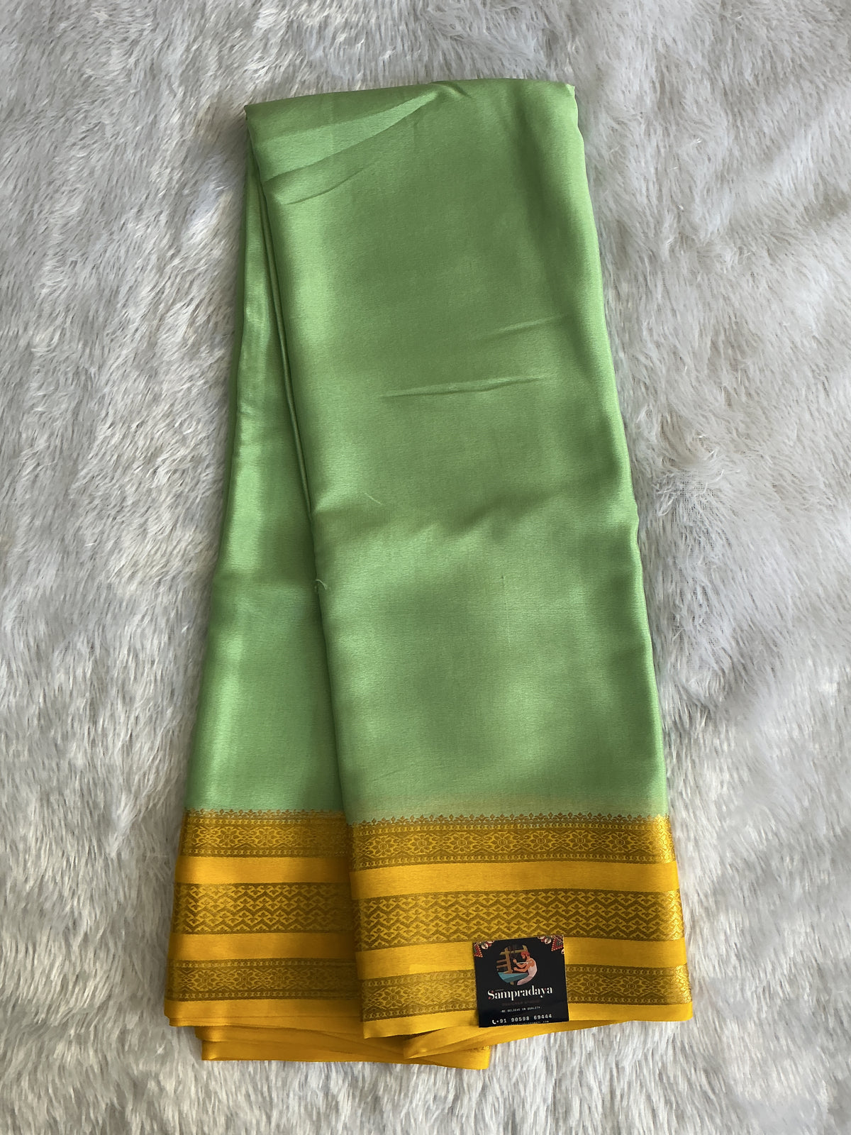 Sea Green Mysore Crepe Silk Saree with Silver Zari Border | Pure Handloom | Silk Mark Certified