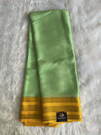 Sea Green Mysore Crepe Silk Saree with Silver Zari Border | Pure Handloom | Silk Mark Certified