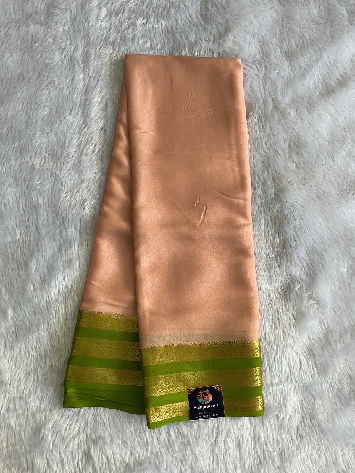 Peach Mysore Crepe Silk Saree with Silver Zari Border | Pure Handloom | Silk Mark Certified
