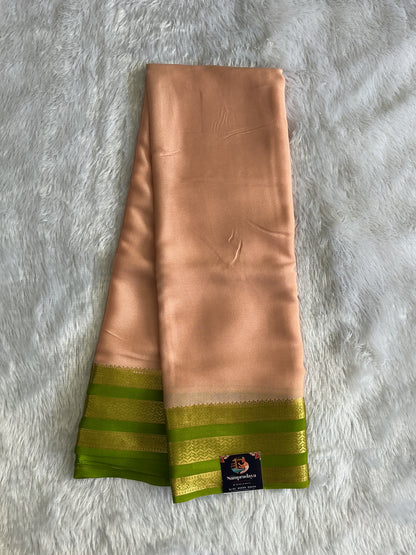 Peach Mysore Crepe Silk Saree with Silver Zari Border | Pure Handloom | Silk Mark Certified