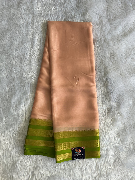 Peach Mysore Crepe Silk Saree with Silver Zari Border | Pure Handloom | Silk Mark Certified