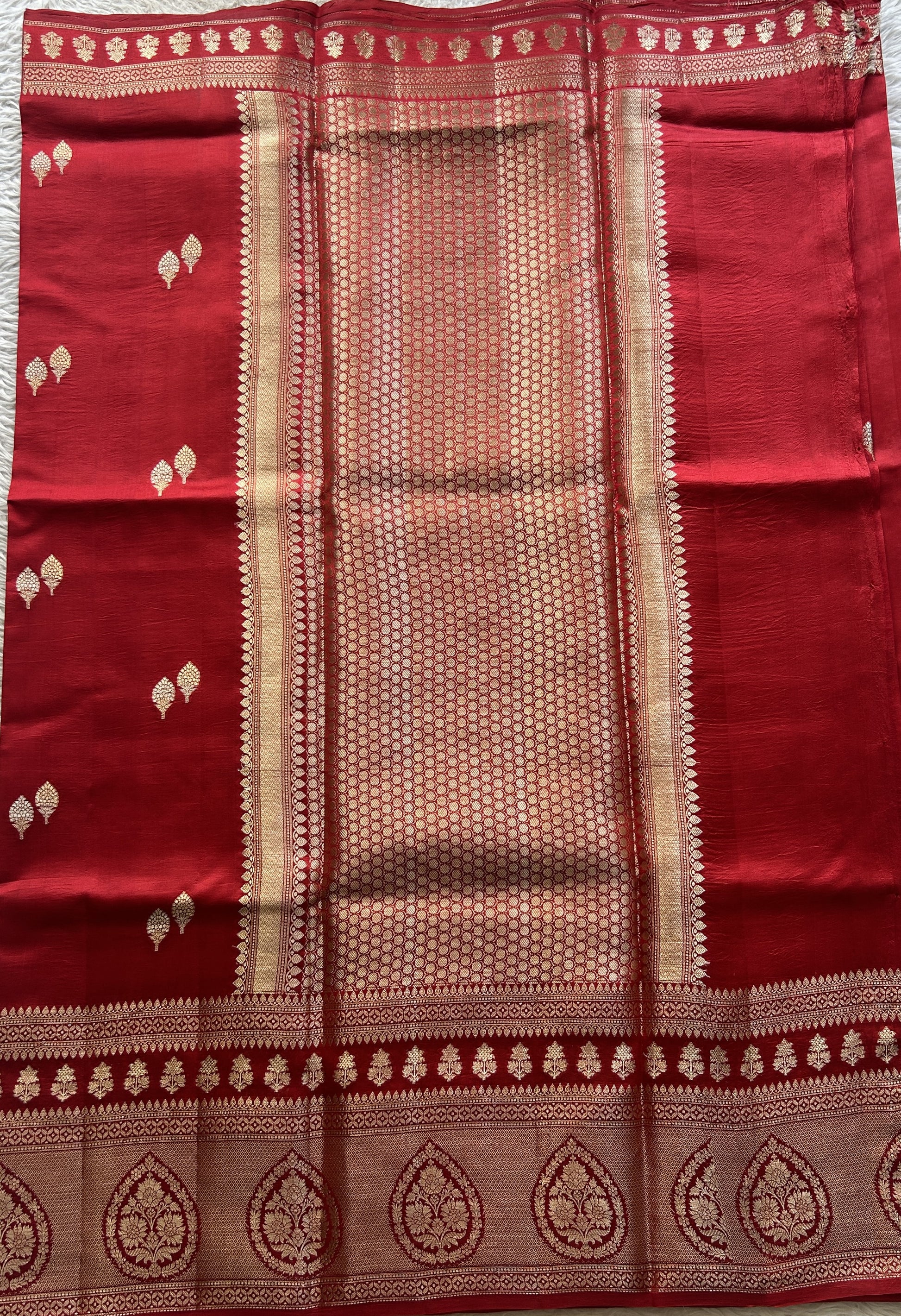 Chiniya Silk Saree Red Colored Elegantly Paired with a Zari Border. - Sampradaya Designer Studio