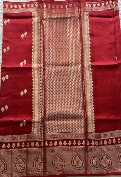 Chiniya Silk Saree Red Colored Elegantly Paired with a Zari Border. - Sampradaya Designer Studio